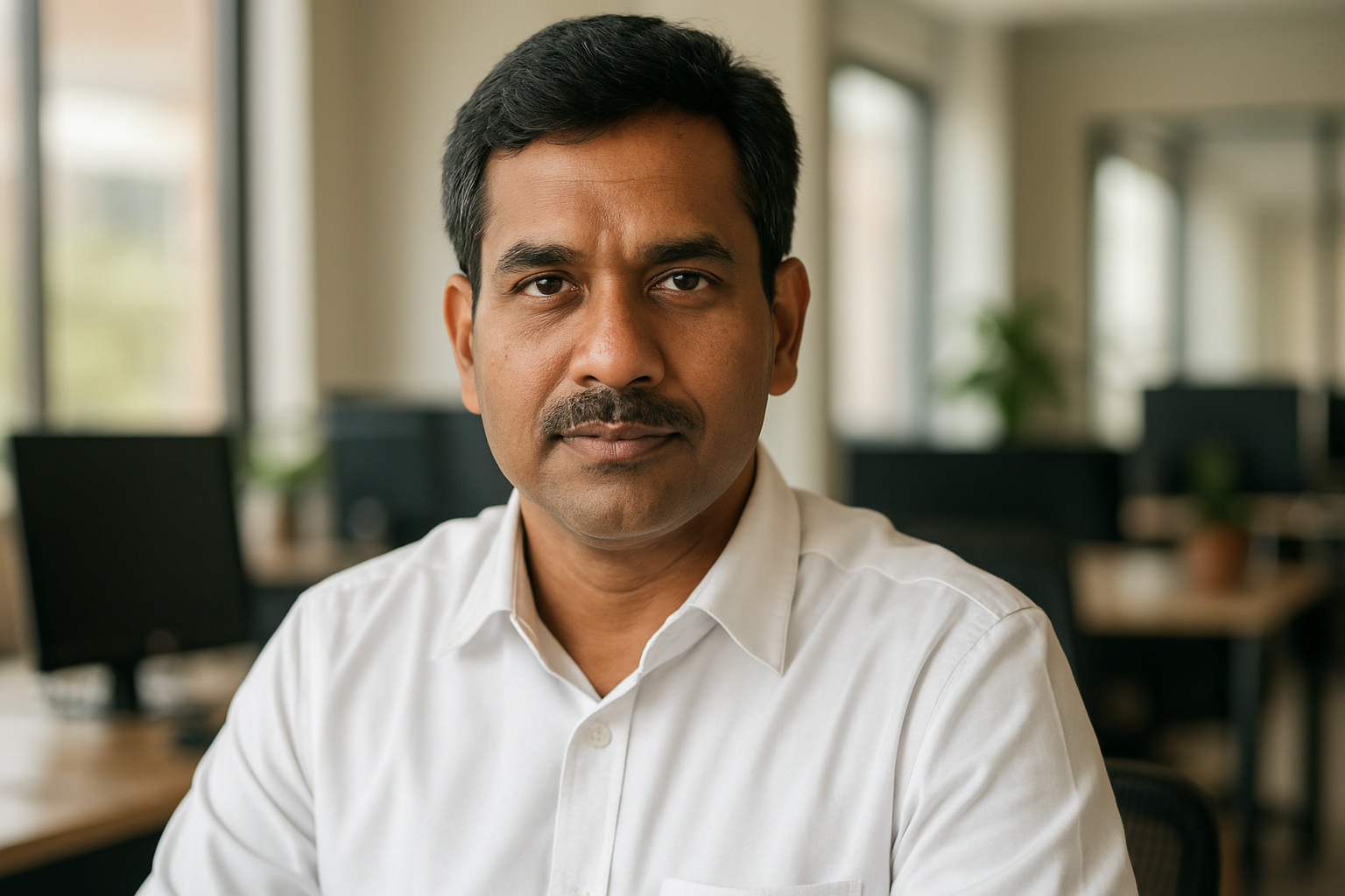 Portrait of a serious man with a mustache wearing a white shirt in an office setting.