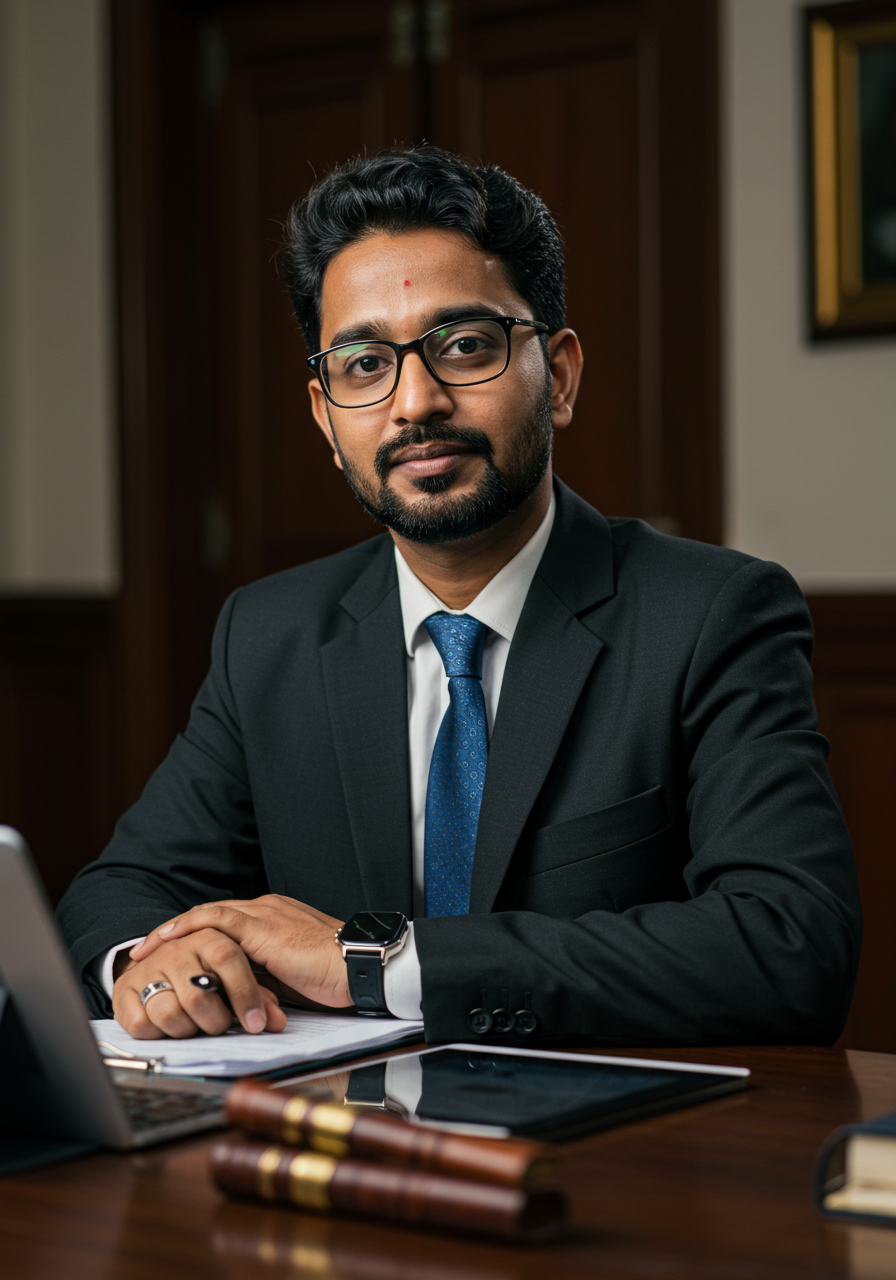 Young man in a suit and blue tie sitting at a desk with legal books, a laptop, and a tablet.