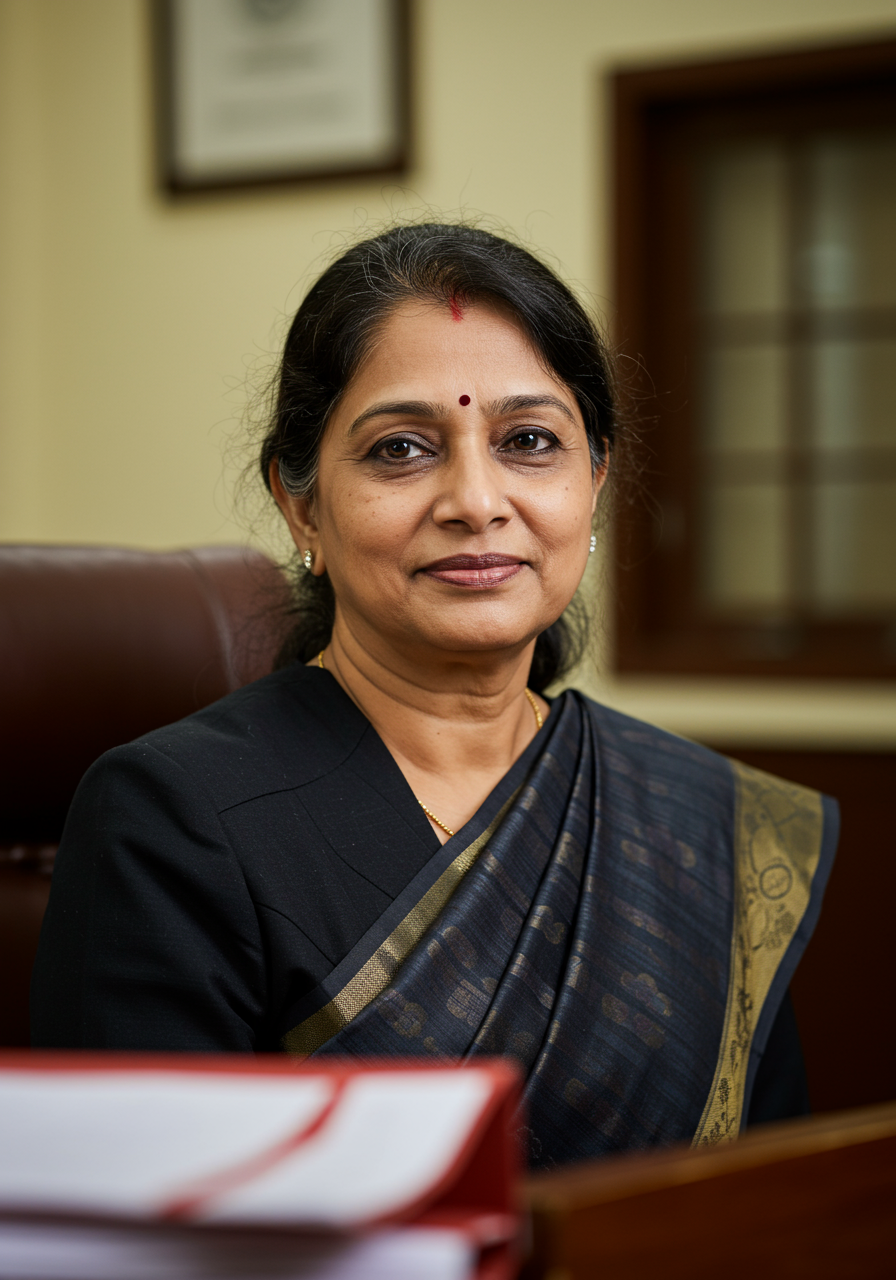 Portrait of a middle-aged woman wearing a black saree with gold and purple accents, sitting in an office chair with documents in the foreground.