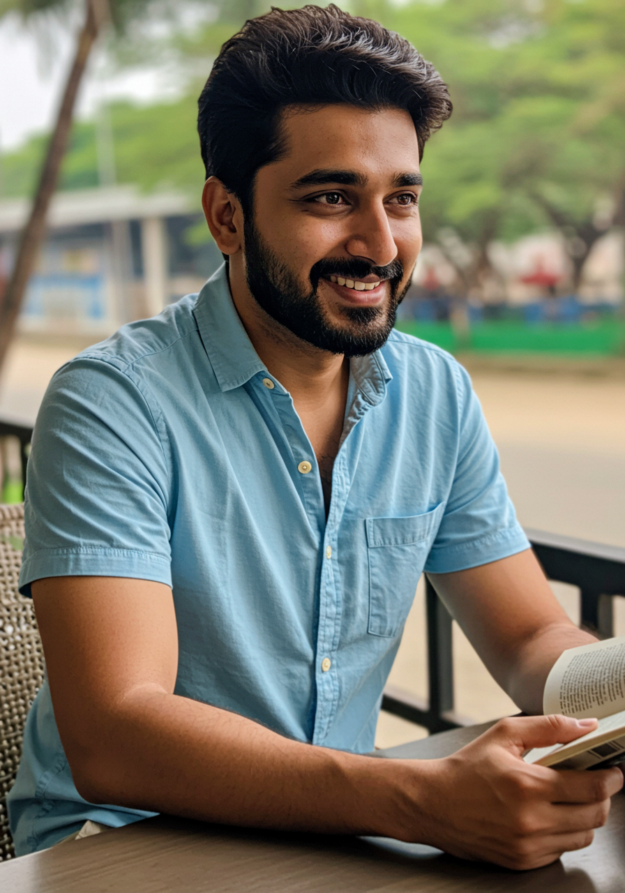 Smiling man with dark hair and beard wearing a light blue shirt, sitting outdoors and holding an open book.