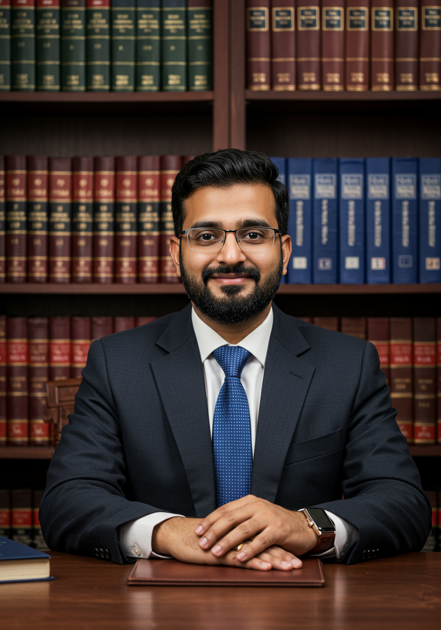 Portrait of a smiling man in a dark suit, blue tie, and glasses sitting at a desk with law bookshelves in the background.