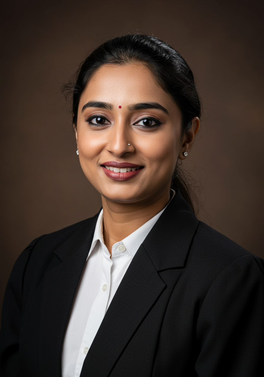 Smiling professional woman with a red bindi and nose stud wearing a black blazer and white shirt against a brown background.