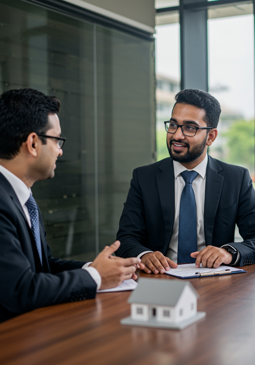 Two businessmen in suits sitting at a table discussing documents with a small model house in the foreground.